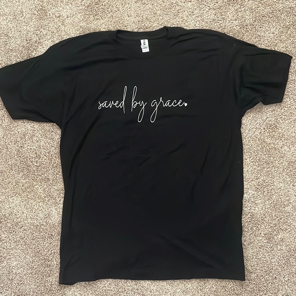 NWOT Saved By Grace Cursive Black Large Tullex T-Shirt Christian Religious